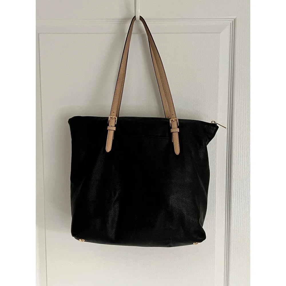 Michael Kors‎ Bedford Black Pebbled Leather Tote Bag Tan Straps Gold Hardware